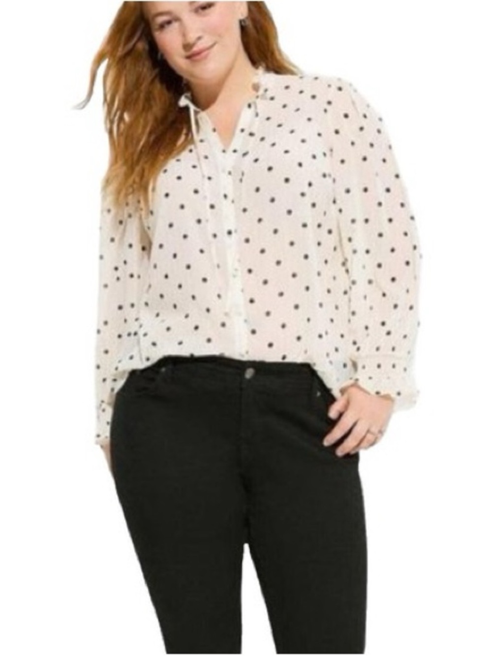 Torrid Crinkle Chiffon Polka Dot Button Up Blouse Gold Stripe Size 0 NWT - Picture 5 of 6